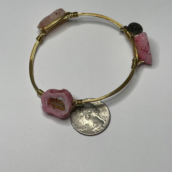 BOURBON & BOWETIES gold tone bracelet bangle PINK Druzy signed jewelry wire wrap - Picture 4 of 11